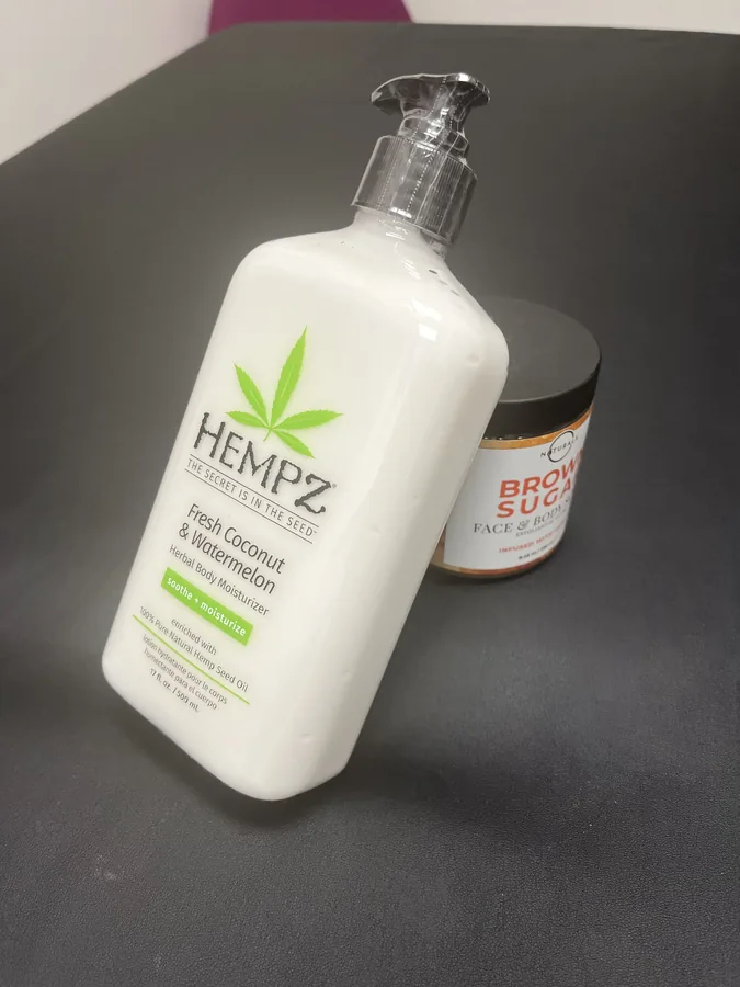 Hempz herbal body moisturizer on the studio counter