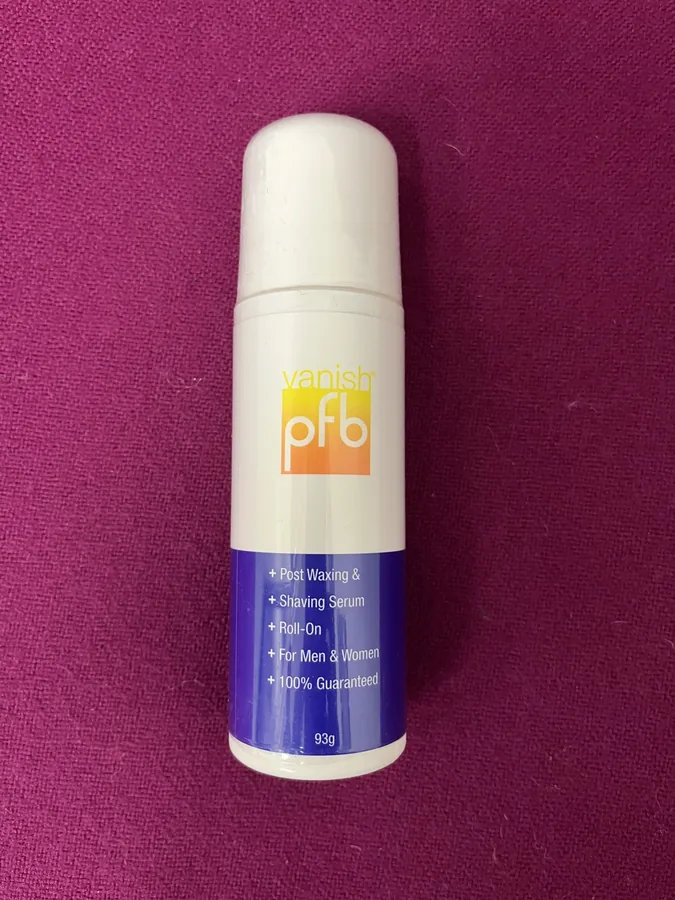 PFB Vanish roll-on bottle against a pink background